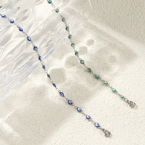 Immagine di Malocchio Smalto a Doppia Faccia Collana All'Ingrosso, Catena a Maglia Fatta a Mano Tono Argento 304 Acciaio Inossidabile, Donne Ecologico Religione Retrò Regalo Gioielli Per Rivenditore, 40cm + 5cm Lunghezza, Dimensione della Catena: 4mm, 1 Pz