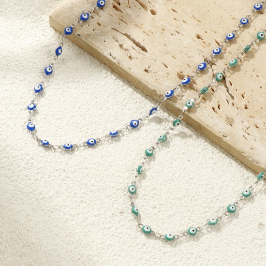 Immagine di Malocchio Smalto a Doppia Faccia Collana All'Ingrosso, Catena a Maglia Fatta a Mano Tono Argento 304 Acciaio Inossidabile, Donne Ecologico Religione Retrò Regalo Gioielli Per Rivenditore, 40cm + 5cm Lunghezza, Dimensione della Catena: 4mm, 1 Pz