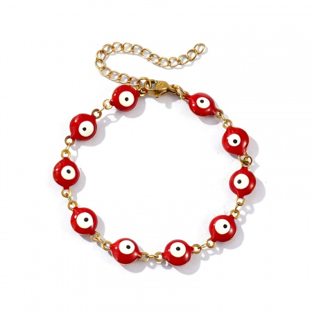 Immagine di Malocchio Smalto a Doppia Faccia 304 Acciaio Inossidabile Catena a Maglia Fatta a Mano Braccialetti All'Ingrosso, 18K Vero Oro Placcato Placcatura Sottovuoto PVD Ecologica Impermeabile Anti-Ossidante Ipoallergenico, Donne Religione Retrò Regalo Fornitura di Gioielli, 16.5cm Lunghezza, Dimensione del