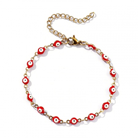 Immagine di Malocchio Smalto a Doppia Faccia 304 Acciaio Inossidabile Catena a Maglia Fatta a Mano Braccialetti All'Ingrosso, 18K Vero Oro Placcato Placcatura Sottovuoto PVD Ecologica Impermeabile Anti-Ossidante Ipoallergenico, Donne Religione Retrò Regalo Fornitura di Gioielli, 16.5cm Lunghezza, Dimensione del