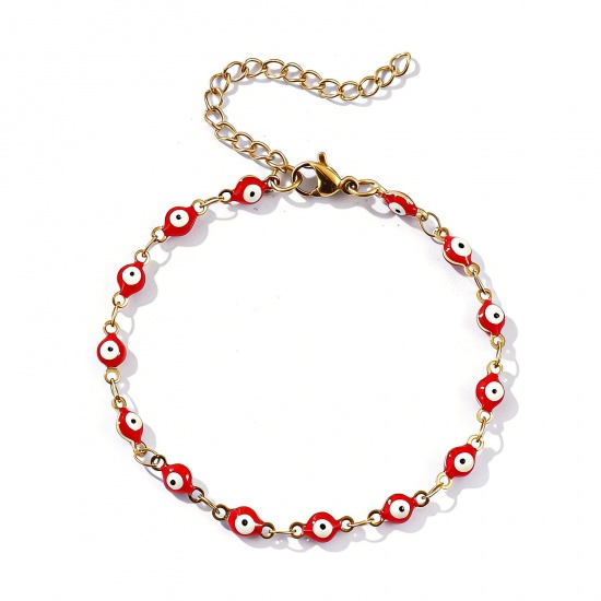 Imagen de Mal de ojo Esmalte de Doble Cara 304 Acero Inoxidable Cadena de Eslabones Hechos a Mano Pulseras Al Por Mayor, 18K Oro Real Chapado Recubrimiento al Vacío PVD Ecológico Impermeable Antioxidante Hipoalergénico, Mujeres Religión Retro Regalo Suministro de Joyería, 16.5cm longitud, Tamaño de la Cadena: