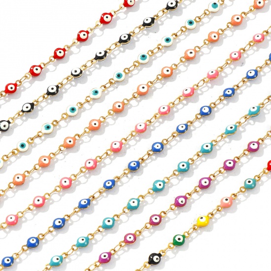 Imagen de Mal de ojo Esmalte de Doble Cara 304 Acero Inoxidable Cadena de Eslabones Hechos a Mano Pulseras Al Por Mayor, 18K Oro Real Chapado Recubrimiento al Vacío PVD Ecológico Impermeable Antioxidante Hipoalergénico, Mujeres Religión Retro Regalo Suministro de Joyería, 16.5cm longitud, Tamaño de la Cadena: