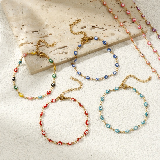 Imagen de Mal de ojo Esmalte de Doble Cara 304 Acero Inoxidable Cadena de Eslabones Hechos a Mano Pulseras Al Por Mayor, 18K Oro Real Chapado Recubrimiento al Vacío PVD Ecológico Impermeable Antioxidante Hipoalergénico, Mujeres Religión Retro Regalo Suministro de Joyería, 16.5cm longitud, Tamaño de la Cadena: