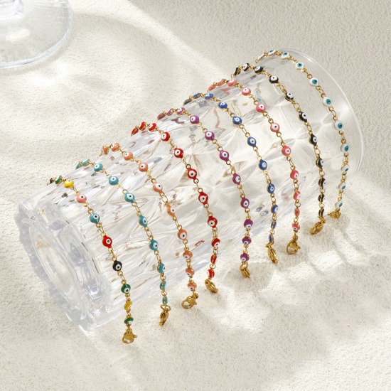 Imagen de Mal de ojo Esmalte de Doble Cara 304 Acero Inoxidable Cadena de Eslabones Hechos a Mano Pulseras Al Por Mayor, 18K Oro Real Chapado Recubrimiento al Vacío PVD Ecológico Impermeable Antioxidante Hipoalergénico, Mujeres Religión Retro Regalo Suministro de Joyería, 16.5cm longitud, Tamaño de la Cadena: