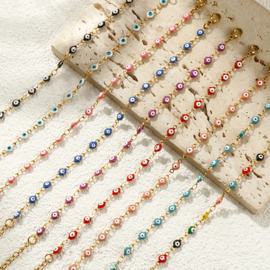 Imagen de Mal de ojo Esmalte de Doble Cara 304 Acero Inoxidable Cadena de Eslabones Hechos a Mano Pulseras Al Por Mayor, 18K Oro Real Chapado Recubrimiento al Vacío PVD Ecológico Impermeable Antioxidante Hipoalergénico, Mujeres Religión Retro Regalo Suministro de Joyería, 16.5cm longitud, Tamaño de la Cadena: