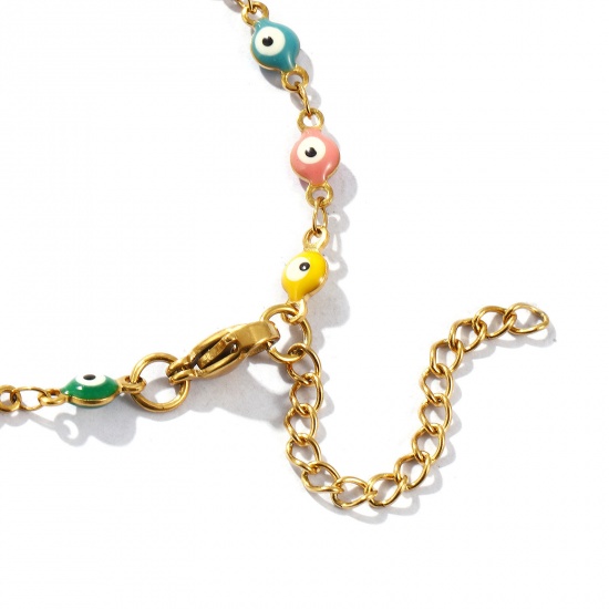 Imagen de Mal de ojo Esmalte de Doble Cara 304 Acero Inoxidable Cadena de Eslabones Hechos a Mano Pulseras Al Por Mayor, 18K Oro Real Chapado Recubrimiento al Vacío PVD Ecológico Impermeable Antioxidante Hipoalergénico, Mujeres Religión Retro Regalo Suministro de Joyería, 16.5cm longitud, Tamaño de la Cadena: