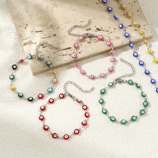 Immagine di Malocchio Smalto a Doppia Faccia 304 Acciaio Inossidabile Catena a Maglia Fatta a Mano Braccialetti All'Ingrosso, Tono Argento Ecologico, Donne Religione Retrò Regalo Fornitura di Gioielli, 16.5cm Lunghezza, Dimensione della Catena: 6mm, 1 Pz