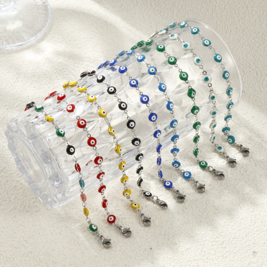 Immagine di Malocchio Smalto a Doppia Faccia 304 Acciaio Inossidabile Catena a Maglia Fatta a Mano Braccialetti All'Ingrosso, Tono Argento Ecologico, Donne Religione Retrò Regalo Fornitura di Gioielli, 16.5cm Lunghezza, Dimensione della Catena: 6mm, 1 Pz