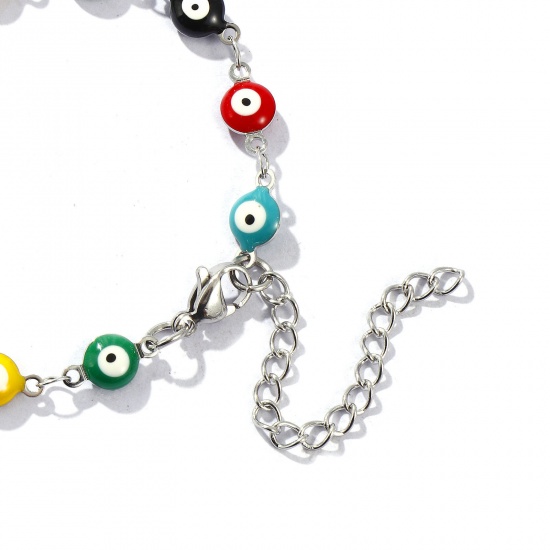Immagine di Malocchio Smalto a Doppia Faccia 304 Acciaio Inossidabile Catena a Maglia Fatta a Mano Braccialetti All'Ingrosso, Tono Argento Ecologico, Donne Religione Retrò Regalo Fornitura di Gioielli, 16.5cm Lunghezza, Dimensione della Catena: 6mm, 1 Pz