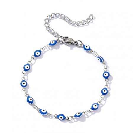 Picture of Wholesale Evil Eye Double-sided Enamel 304 Stainless Steel Handmade Link Chain Bracelets, Silver Tone Eco-friendly, Women's Religious Retro Gift Jewelry Supply, 16.5cm(6 4/8") long, Chain Size: 4mm