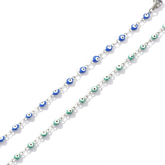 Picture of Wholesale Evil Eye Double-sided Enamel 304 Stainless Steel Handmade Link Chain Bracelets, Silver Tone Eco-friendly, Women's Religious Retro Gift Jewelry Supply, 16.5cm(6 4/8") long, Chain Size: 4mm