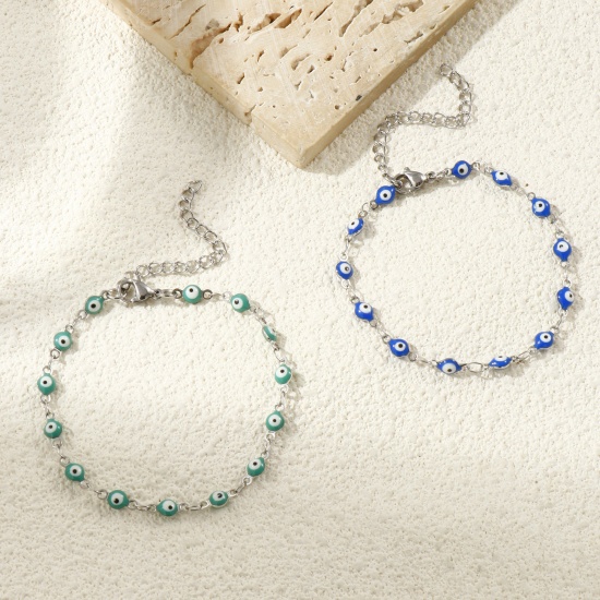 Picture of Wholesale Evil Eye Double-sided Enamel 304 Stainless Steel Handmade Link Chain Bracelets, Silver Tone Eco-friendly, Women's Religious Retro Gift Jewelry Supply, 16.5cm(6 4/8") long, Chain Size: 4mm