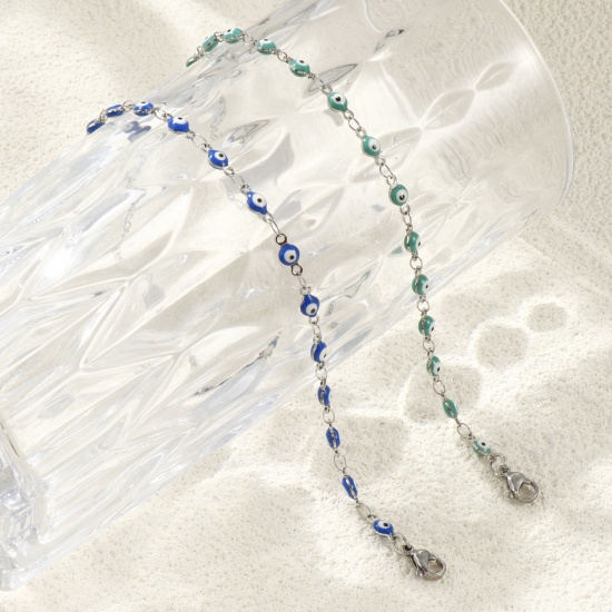 Picture of Wholesale Evil Eye Double-sided Enamel 304 Stainless Steel Handmade Link Chain Bracelets, Silver Tone Eco-friendly, Women's Religious Retro Gift Jewelry Supply, 16.5cm(6 4/8") long, Chain Size: 4mm