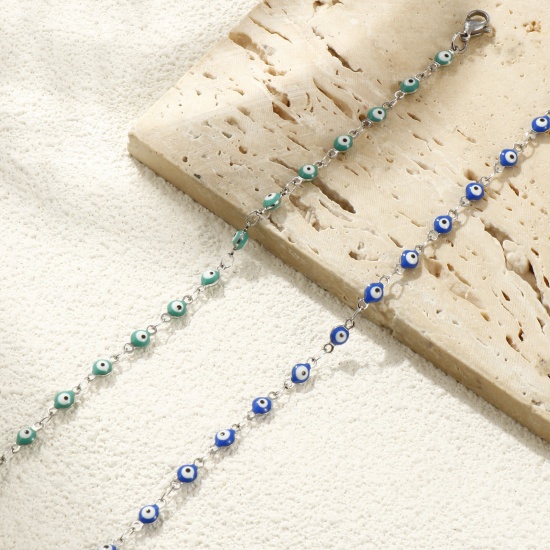 Picture of Wholesale Evil Eye Double-sided Enamel 304 Stainless Steel Handmade Link Chain Bracelets, Silver Tone Eco-friendly, Women's Religious Retro Gift Jewelry Supply, 16.5cm(6 4/8") long, Chain Size: 4mm