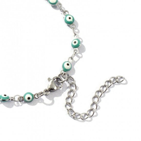 Picture of Wholesale Evil Eye Double-sided Enamel 304 Stainless Steel Handmade Link Chain Bracelets, Silver Tone Eco-friendly, Women's Religious Retro Gift Jewelry Supply, 16.5cm(6 4/8") long, Chain Size: 4mm