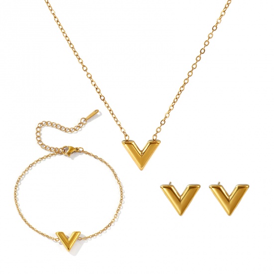Picture of Wholesale V Shaped Necklace & Bracelet & Earrings, 304 Stainless Steel Women's Eco-friendly Stylish Dainty Gift Jewelry For Retailer