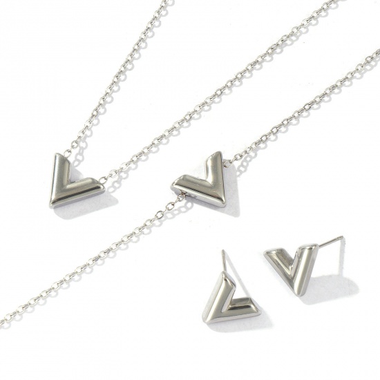 Picture of Wholesale V Shaped Necklace & Bracelet & Earrings, 304 Stainless Steel Women's Eco-friendly Stylish Dainty Gift Jewelry For Retailer