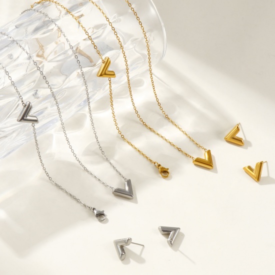 Picture of Wholesale V Shaped Necklace & Bracelet & Earrings, 304 Stainless Steel Women's Eco-friendly Stylish Dainty Gift Jewelry For Retailer
