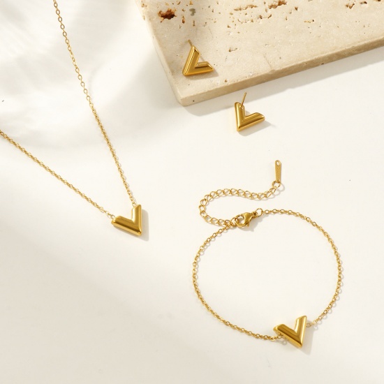 Picture of Wholesale V Shaped Necklace & Bracelet & Earrings, 304 Stainless Steel Women's Eco-friendly Stylish Dainty Gift Jewelry For Retailer