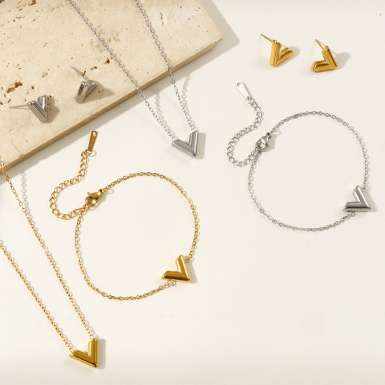 Picture of Wholesale V Shaped Necklace & Bracelet & Earrings, 304 Stainless Steel Women's Eco-friendly Stylish Dainty Gift Jewelry For Retailer