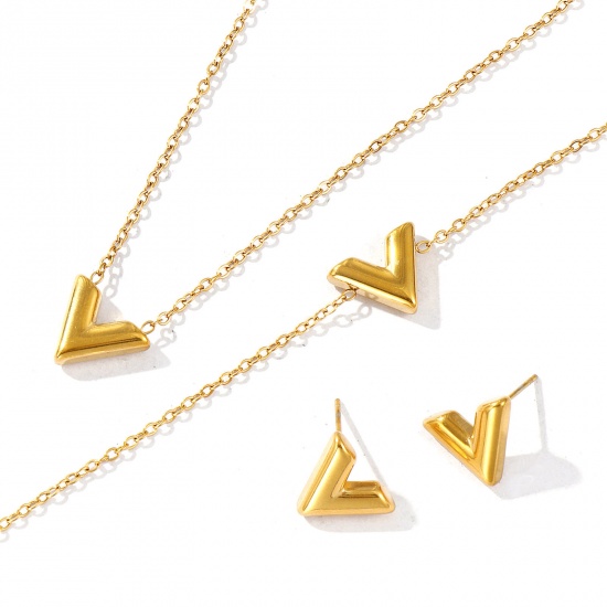 Picture of Wholesale V Shaped Necklace & Bracelet & Earrings, 304 Stainless Steel Women's Eco-friendly Stylish Dainty Gift Jewelry For Retailer