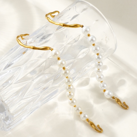 Picture of Wholesale Imitation Pearl 304 Stainless Steel & Acrylic Bangles Bracelets, 18K Real Gold Plated Eco-friendly PVD Vacuum Plating Waterproof Anti-Tarnish Hypoallergenic, Women's Stylish Dainty Gift Jewelry Supply, 19.5cm(7 5/8") long