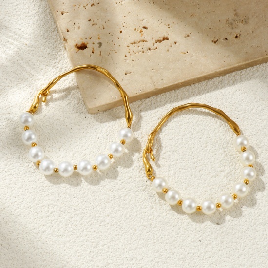 Picture of Wholesale Imitation Pearl 304 Stainless Steel & Acrylic Bangles Bracelets, 18K Real Gold Plated Eco-friendly PVD Vacuum Plating Waterproof Anti-Tarnish Hypoallergenic, Women's Stylish Dainty Gift Jewelry Supply, 19.5cm(7 5/8") long
