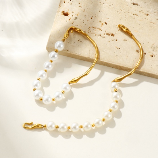 Picture of Wholesale Imitation Pearl 304 Stainless Steel & Acrylic Bangles Bracelets, 18K Real Gold Plated Eco-friendly PVD Vacuum Plating Waterproof Anti-Tarnish Hypoallergenic, Women's Stylish Dainty Gift Jewelry Supply, 19.5cm(7 5/8") long