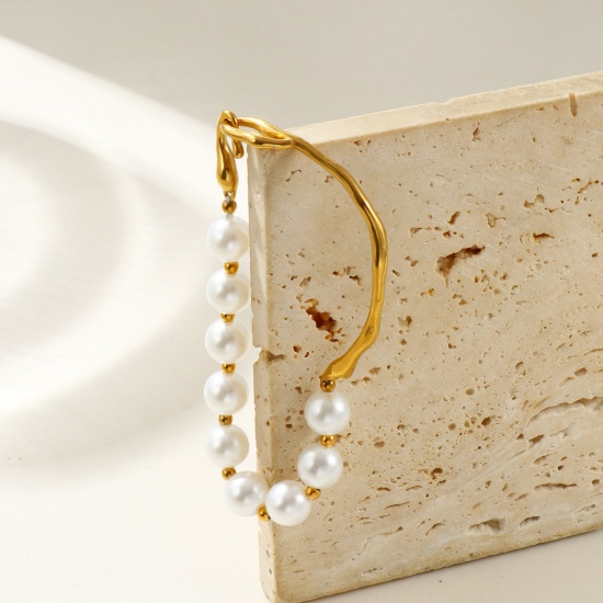 Picture of Wholesale Imitation Pearl 304 Stainless Steel & Acrylic Bangles Bracelets, 18K Real Gold Plated Eco-friendly PVD Vacuum Plating Waterproof Anti-Tarnish Hypoallergenic, Women's Stylish Dainty Gift Jewelry Supply, 19.5cm(7 5/8") long