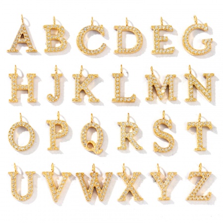 Immagine di 2 Pz Placcatura Sottovuoto PVD Ecologica 316 Acciaio inossidabile Lettera Maiuscola Ciondoli Placcato Oro 18K Messaggio " A-Z " Micro Spianare Trasparente Strass