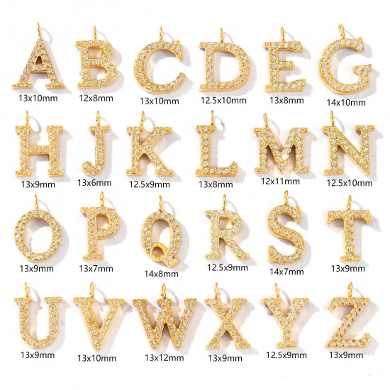 Picture of 2 PCs Eco-friendly PVD Vacuum Plating 316 Stainless Steel Capital Alphabet Initial Letter Name Charms 18K Gold Plated Message " A-Z " Micro Pave Clear Rhinestone