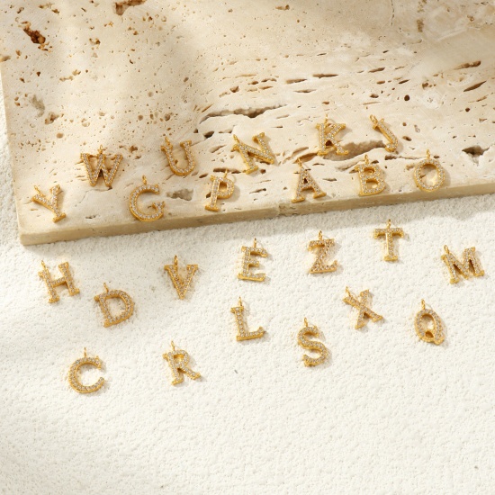 Picture of 2 PCs Eco-friendly PVD Vacuum Plating 316 Stainless Steel Capital Alphabet Initial Letter Name Charms 18K Gold Plated Message " A-Z " Micro Pave Clear Rhinestone