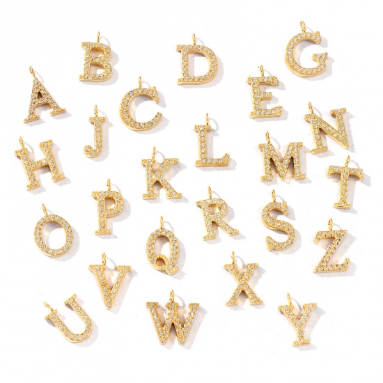 Picture of 2 PCs Eco-friendly PVD Vacuum Plating 316 Stainless Steel Capital Alphabet Initial Letter Name Charms 18K Gold Plated Message " A-Z " Micro Pave Clear Rhinestone