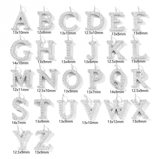 Picture of Eco-friendly 304 Stainless Steel Capital Alphabet Initial Letter Name Charms Silver Tone Message " A-Z " Micro Pave Clear Rhinestone