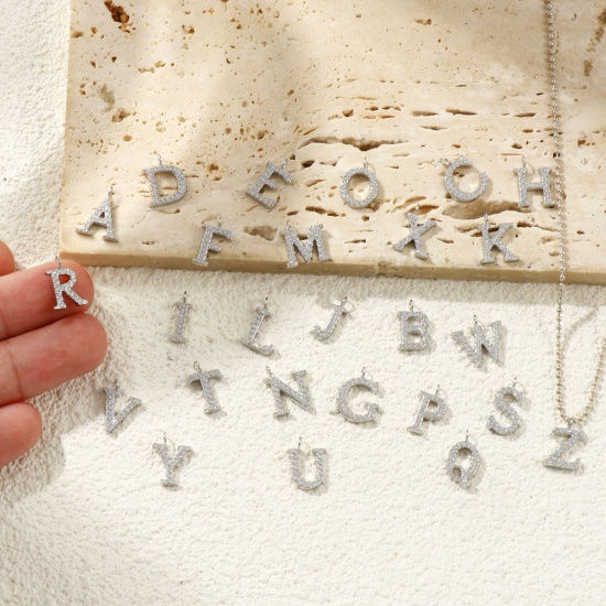 Picture of Eco-friendly 304 Stainless Steel Capital Alphabet Initial Letter Name Charms Silver Tone Message " A-Z " Micro Pave Clear Rhinestone