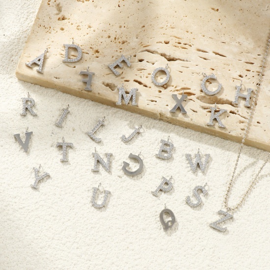 Picture of Eco-friendly 304 Stainless Steel Capital Alphabet Initial Letter Name Charms Silver Tone Message " A-Z " Micro Pave Clear Rhinestone