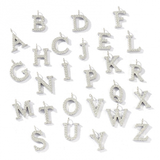 Picture of Eco-friendly 304 Stainless Steel Capital Alphabet Initial Letter Name Charms Silver Tone Message " A-Z " Micro Pave Clear Rhinestone