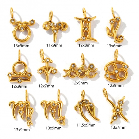 Picture of Eco-friendly PVD Vacuum Plating 304 Stainless Steel Charms 18K Gold Plated Zodiac Constellation Micro Pave Clear Rhinestone