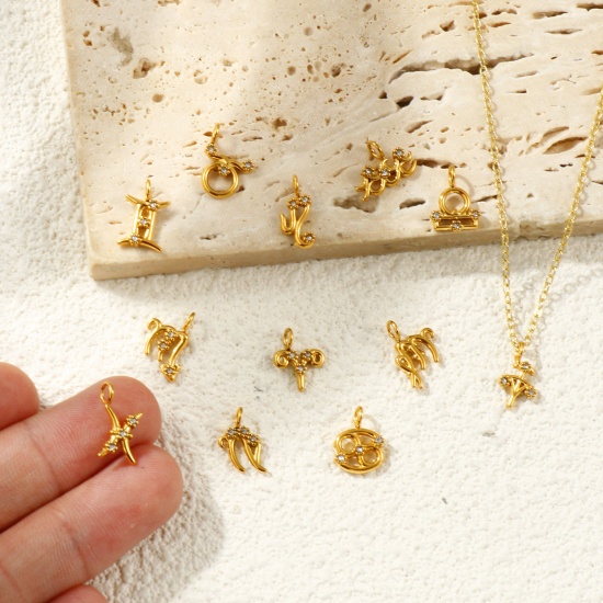 Picture of Eco-friendly PVD Vacuum Plating 304 Stainless Steel Charms 18K Gold Plated Zodiac Constellation Micro Pave Clear Rhinestone