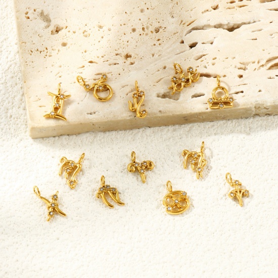 Picture of Eco-friendly PVD Vacuum Plating 304 Stainless Steel Charms 18K Gold Plated Zodiac Constellation Micro Pave Clear Rhinestone