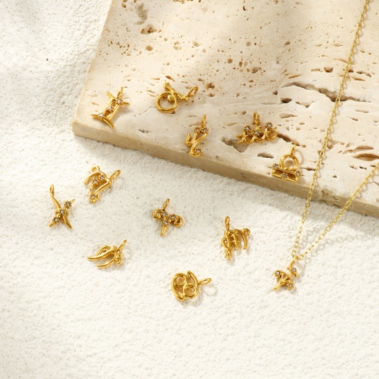 Picture of Eco-friendly PVD Vacuum Plating 304 Stainless Steel Charms 18K Gold Plated Zodiac Constellation Micro Pave Clear Rhinestone
