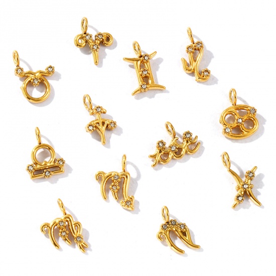 Picture of Eco-friendly PVD Vacuum Plating 304 Stainless Steel Charms 18K Gold Plated Zodiac Constellation Micro Pave Clear Rhinestone