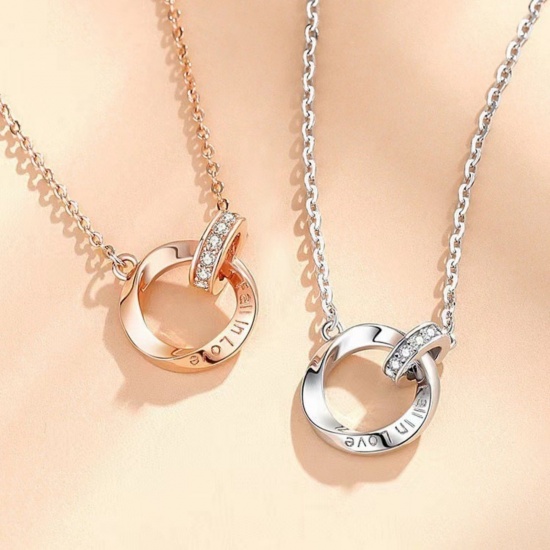 Picture of Wholesale Circle Ring Pendant Charm Necklace, Brass & Rhinestone Link Cable Chain, Women's Stylish Dainty Gift Jewelry For Retailer, 40cm(15.7") + 5cm(2") long