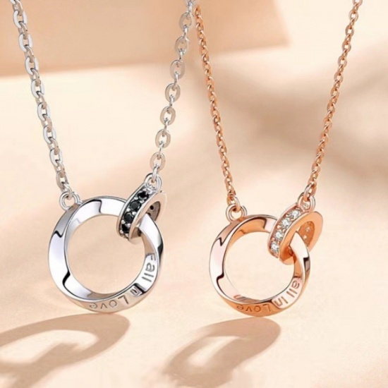 Picture of Wholesale Circle Ring Pendant Charm Necklace, Brass & Rhinestone Link Cable Chain, Women's Stylish Dainty Gift Jewelry For Retailer, 40cm(15.7") + 5cm(2") long