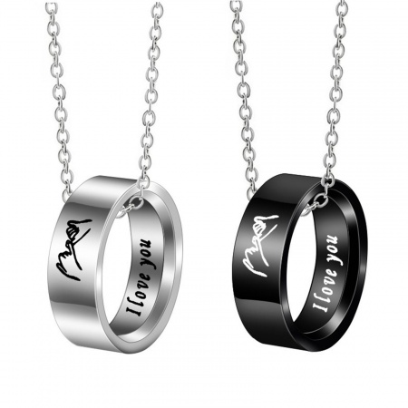 Picture of Wholesale Finger Ring Message " I Love you " Pendant Charm Necklace, 304 Stainless Steel Link Cable Chain, Couple's Eco-friendly Hip-Hop Simple & Casual Gift Jewelry For Retailer