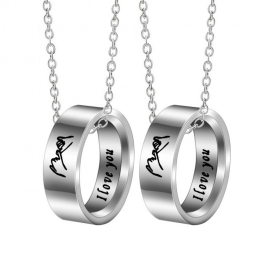 Picture of Wholesale Finger Ring Message " I Love you " Pendant Charm Necklace, 304 Stainless Steel Link Cable Chain, Couple's Eco-friendly Hip-Hop Simple & Casual Gift Jewelry For Retailer