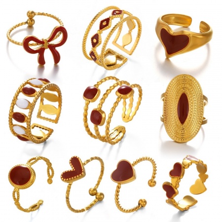 Picture of Wholesale Women's Gift Red Enamel Open Adjustable Rings, 18K Gold Plated 304 Stainless Steel, Eco-friendly PVD Vacuum Plating Valentine's Day Retro Jewelry Supply