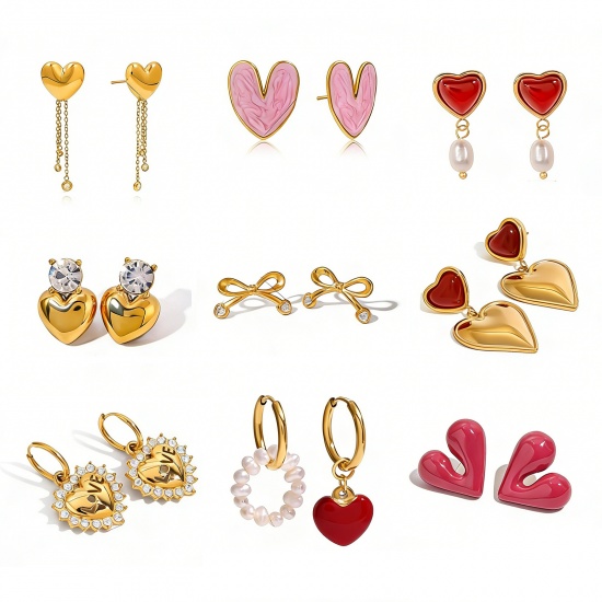 Imagen de día de San Valentín Elegante Pendientes de Poste de Oreja Al Por Mayor, Corazón Chapado en Oro de 18K 304 Acero Inoxidable, Mujeres Respetuoso del Medio Ambiente Regalo Suministro de Joyería, 1 Par