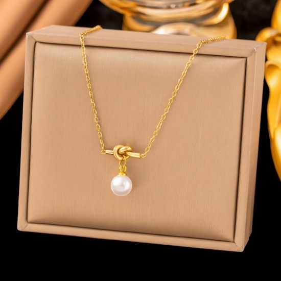 Picture of Wholesale Love Knot Imitation Pearl Necklace & Earrings, 18K Gold Plated 304 Stainless Steel Women's Eco-friendly Valentine's Day Dainty Gift Jewelry For Retailer