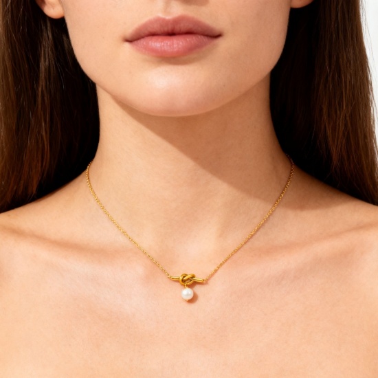Picture of Wholesale Love Knot Imitation Pearl Necklace & Earrings, 18K Gold Plated 304 Stainless Steel Women's Eco-friendly Valentine's Day Dainty Gift Jewelry For Retailer